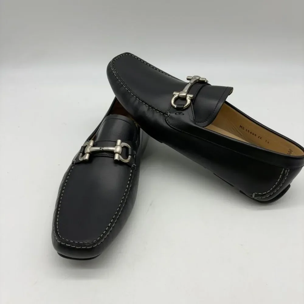Salvatore Ferragamo Black Leather Bit-Detail Slip-On Loafers